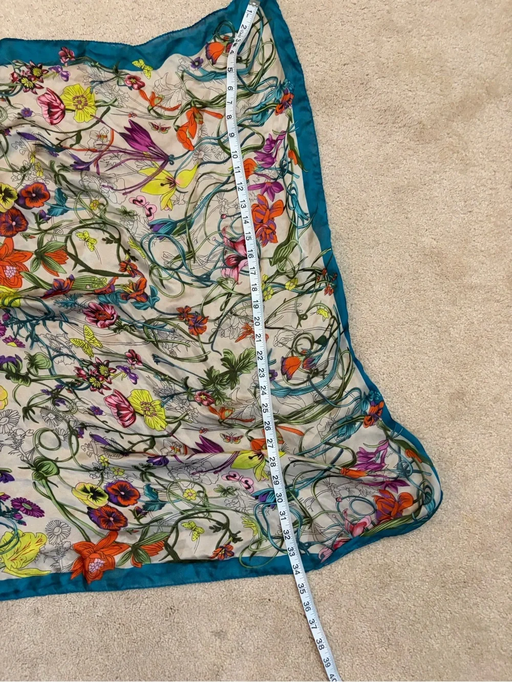 Floral Lightweight Botanical Scarf in Teal Trim vintage silk